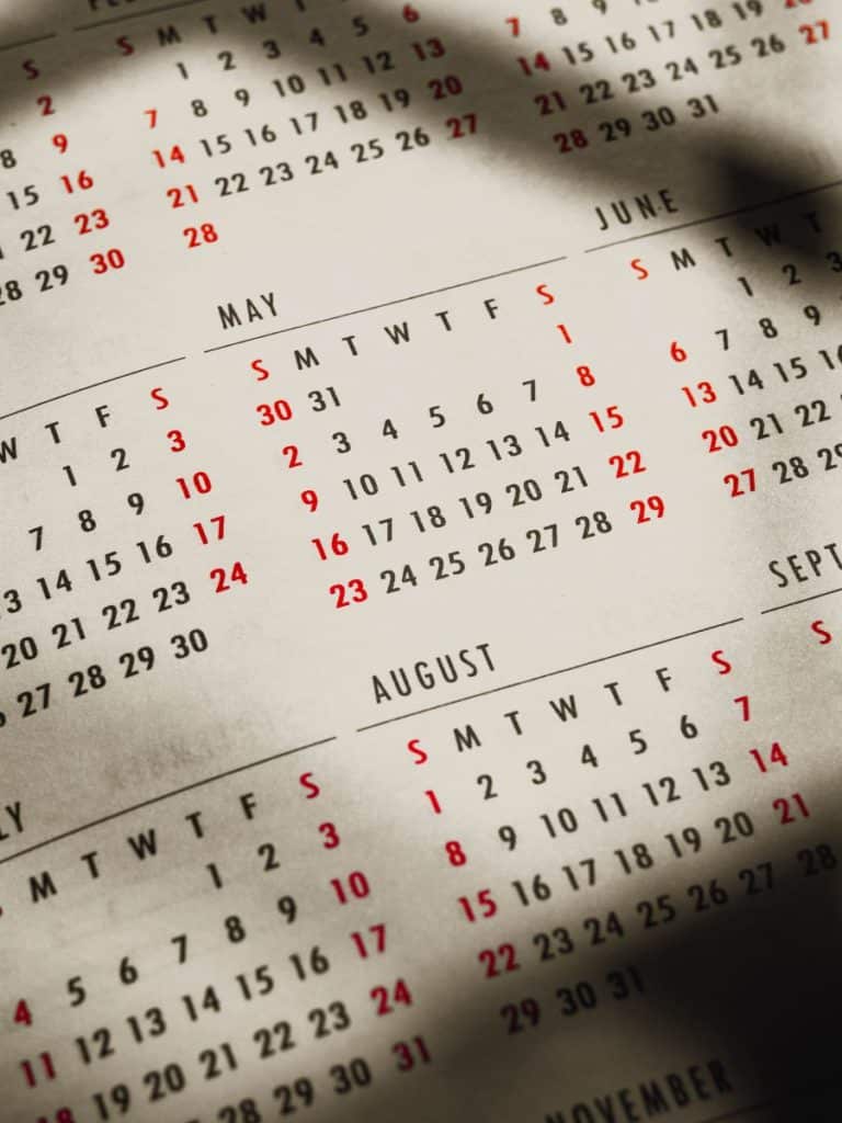A calendar showing many months of the year.