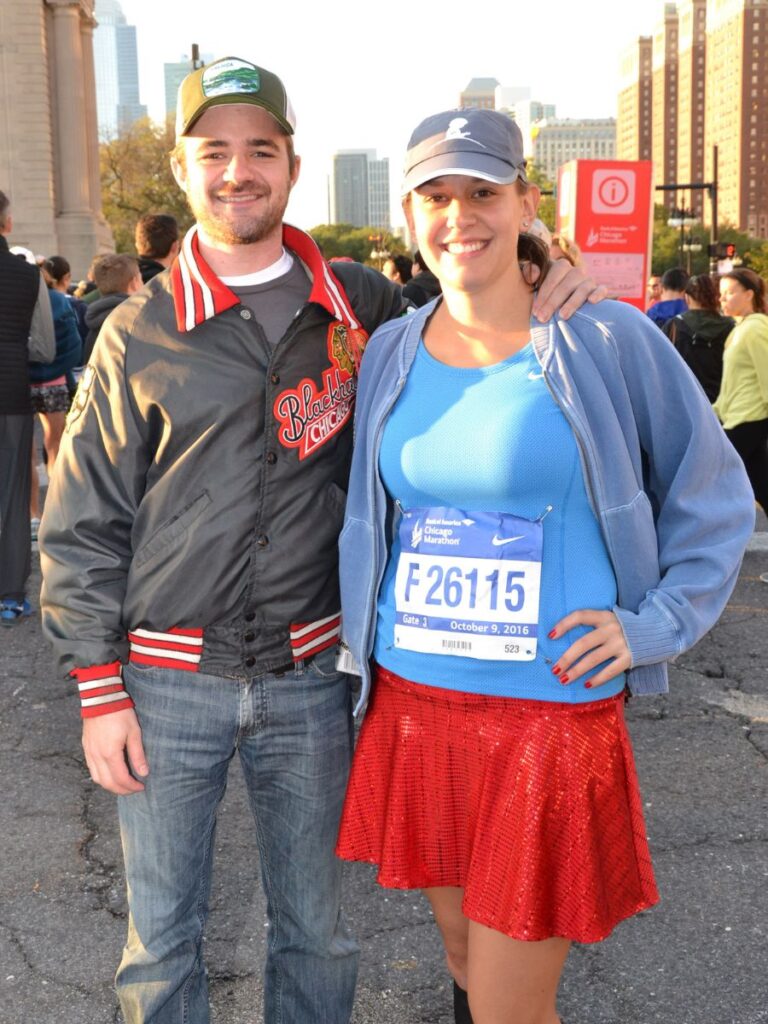My boyfriend and me posing for a photo before I ran the Chicago Marathon in 2016.