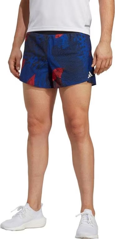 adidas Adizero 3" Split Shorts on a man wearing a white shirt and white shoes.